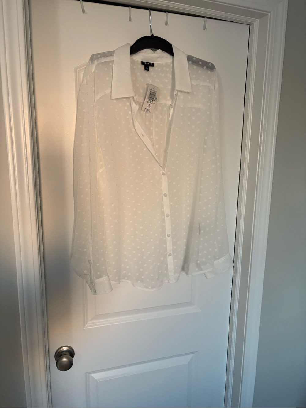 Torrid White Sheer Polka Dot Chiffon Button-Down Collared Blouse- size-2X